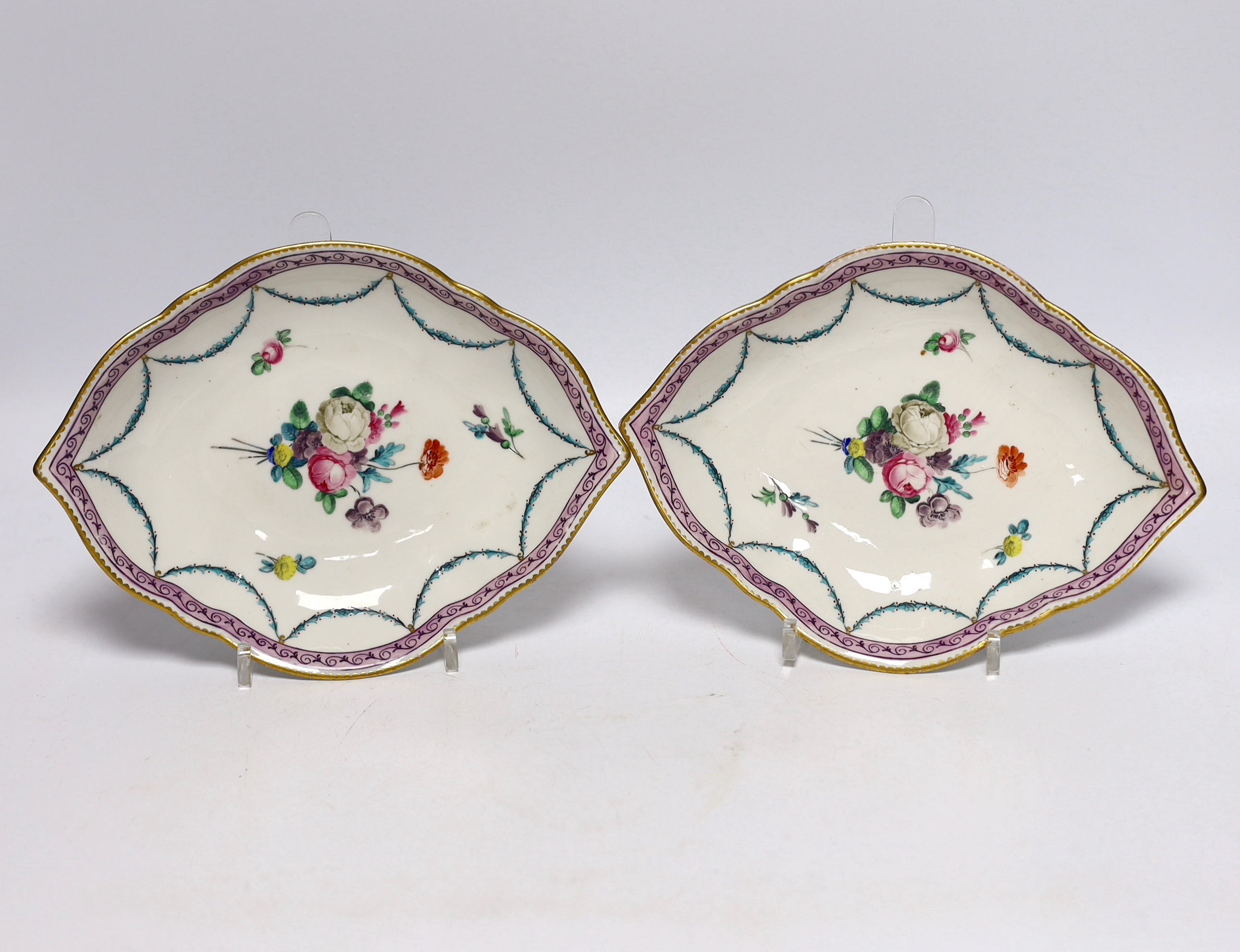 A pair of Derby flower painted dessert dishes, c.1780-5, attributed to William Billingsley 22.5cm wide